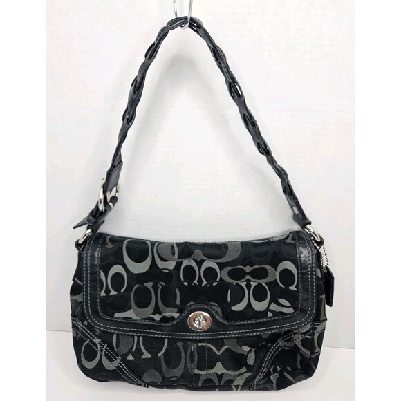 COACH Twist Lock Shoulder Bag Black Canvas Leather Trim C0769-10993Braided - Picture 1 of 11